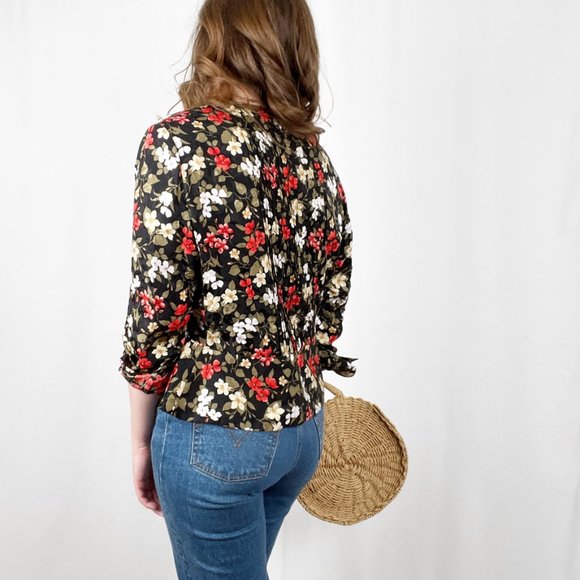 Vintage Teruko Floral Silky Button Up Long Sleeve Romantic Blouse Novelty Print - Picture 3 of 8